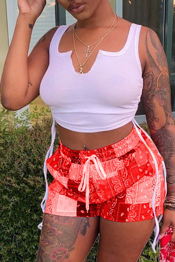 Red Sexy Print Ripped Contrast Spaghetti Strap Sleeveless Two Pieces