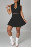 Black Fashion Casual Solid Vests Zipper Collar Sleeveless Two Pieces