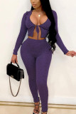 Wine Red Street Solid Hollowed Out See-through U Neck Long Sleeve Short Two Pieces