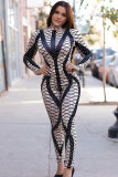 Grey Elastic Fly Long Sleeve Mid Print Patchwork pencil Capris Jumpsuits & Rompers