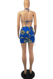 Black Fashion Sexy Print Backless Halter Sleeveless Two Pieces Swimwear