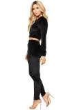 Black Elastic Fly Long Sleeve Mid Patchwork pencil Pants Two-piece suit