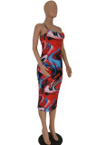 Red Sexy Fashion adult Spaghetti Strap Sleeveless Slip Step Skirt Mid-Calf Print backless Patc