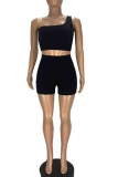 Grey Sportswear Solid Patchwork One Shoulder Sleeveless Two Pieces