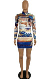 Blue Milk. Sexy Cap Sleeve Long Sleeves O neck Pencil Dress skirt Print 