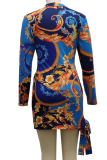 Blue Sexy Print Patchwork Turndown Collar Pencil Skirt Dresses
