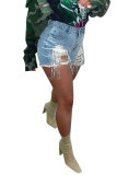 Light Blue Denim Button Fly Sleeveless Mid Patchwork Solid Hole washing Old Straight shorts Bottoms