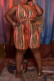 Multicolor Fashion Casual Striped Print Hollowed Out O Neck Regular Romper