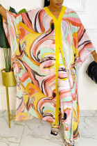 Yellow Street Print Patchwork Buttons V Neck Long Sleeve Two Pieces