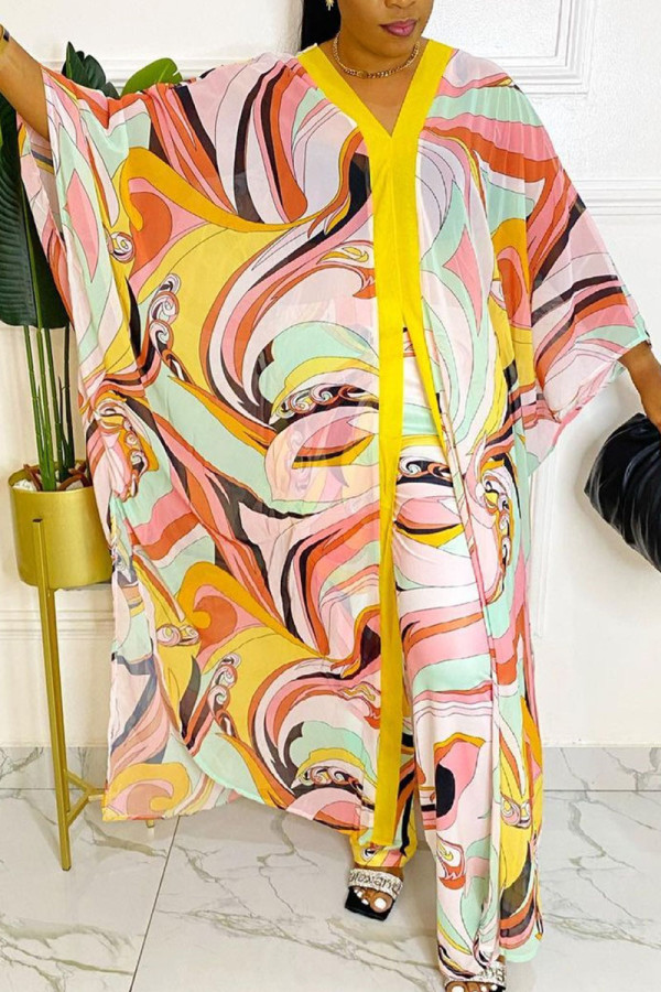 Yellow Street Print Patchwork Buttons V Neck Long Sleeve Two Pieces