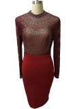 Burgundy Street Print See-through Mesh O Neck Pencil Skirt Dresses