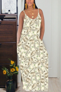 Yellow Fashion Casual Grey Green Yellow Spaghetti Strap Sleeveless Slip Swagger Floor-Length Print Dresses