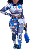 Blue Sexy Adult Twilled Satin Print Tie-dye O Neck Long Sleeve Regular Sleeve Short Two Pieces
