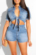 Blue Sexy Casual Solid Strap Design Turndown Collar Short Sleeve Two Pieces