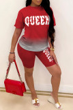 Red Fashion Casual Gradual Change Letter Print Basic O Neck Short Sleeve Two Pieces