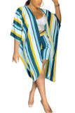 Hide Blue Fashion Casual adult Striped Patchwork Print ruffle Two Piece Suits Straight Half Sleeve Two Pieces