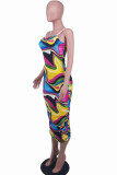 Multicolor Fashion Sexy Print Backless Spaghetti Strap Sleeveless Dress