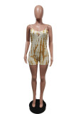 Gold Fashion Sexy Print Hollowed Out Backless Spaghetti Strap Skinny Romper