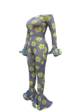 Yellow Sexy Print See-through Bateau Neck Skinny Jumpsuits