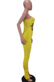 Yellow Red Fashion Sexy Letter Print Patchwork Backless Fold O Neck Skinny Jumpsuits