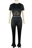 Fluorescent green Fashion Sexy adult Ma'am Patchwork Solid Two Piece Suits Straight Short Sleeve Two Pieces