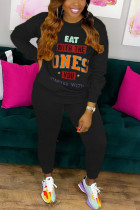 Black Sexy Print O Neck Long Sleeve Two Pieces