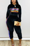 Black OL Fashion adult Solid Two Piece Suits Patchwork Sequin pencil Long Sleeve Two-piece Pant