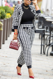 Black White Street Plaid Patchwork Turndown Collar Long Sleeve Two Pieces