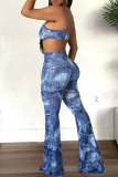 Tibetan Blue Sexy Print Hollowed Out Spaghetti Strap Boot Cut Jumpsuits