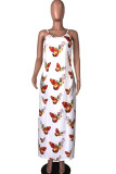 White Fashion Street White Brown Yellow Spaghetti Strap Sleeveless V Neck Pencil Dress Floor-Length Print Floral Animal Dresses