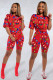 Red Fashion adult Sexy backless Print Two Piece Suits Patchwork Straight Short Sleeve Two-Pie