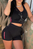Black Casual Sportswear Solid Backless U Neck Sleeveless Two Pieces