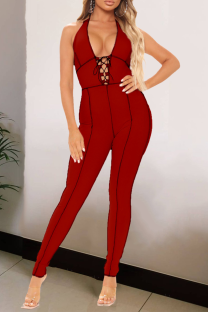 Burgundy Street Solid Draw String V Neck Skinny Jumpsuits