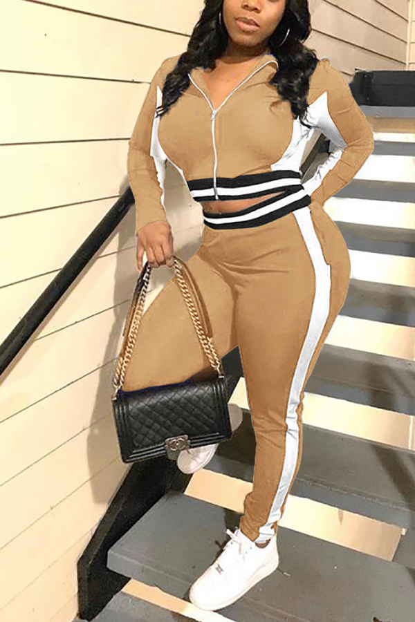 Khaki Casual Solid Patchwork Turndown Collar Long Sleeve Two Pieces