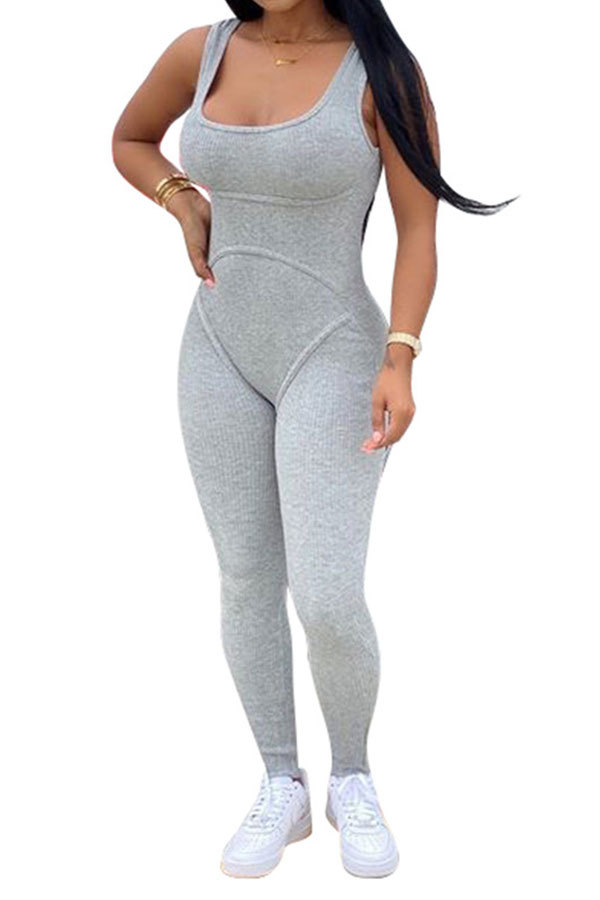 Grey Fashion Casual Patchwork Solid Draped Sleeveless Slip Jumpsuits