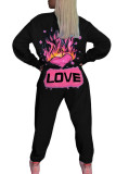 Black Fashion Casual Adult Print Letter O Neck Long Sleeve Regular Sleeve Regular Two Pieces