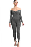 Light Gray Sexy Solid bandage Patchwork Long Sleeve V Neck Jumpsuits