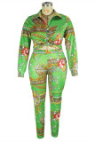 Green Fashion Casual Print Cardigan Turndown Collar Plus Size Two Pieces