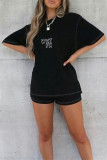 Black Red Fashion Casual Print Basic O Neck Short Sleeve Two Pieces