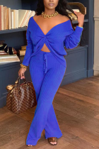 Blue Sexy Solid Patchwork V Neck Long Sleeve Two Pieces