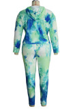 Light Green Casual Twilled Satin Print Tie-dye Hooded Collar Plus Size 