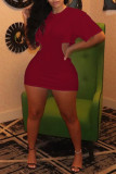 Burgundy Casual Solid Hollowed Out Zipper O Neck Pencil Skirt Dresses