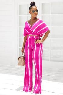 rose red Milk Silk Street Zebra pattern Loose Half Sleeve Two-piece Pants Set