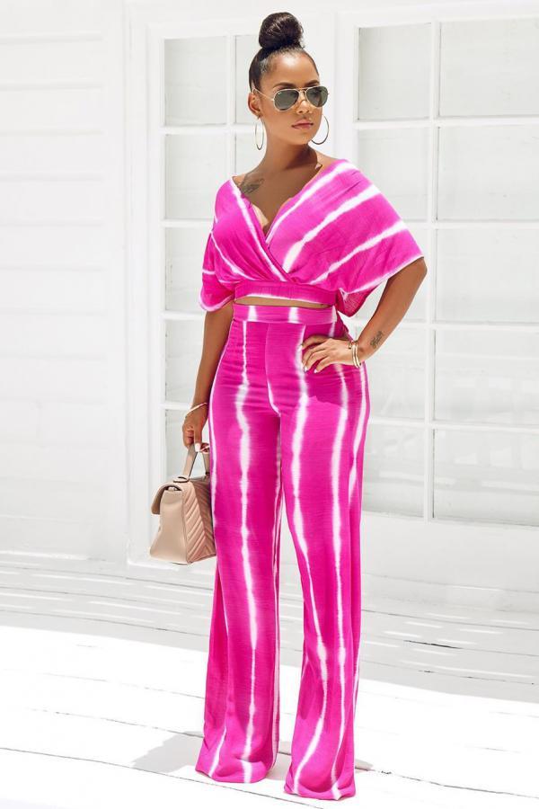 rose red Milk Silk Street Zebra pattern Loose Half Sleeve Two-piece Pants Set