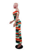 Colour Fashion Sexy Print Backless Slit Off the Shoulder Short Sleeve Dress