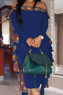 Navy Blue Sexy Fashion Off The Shoulder Long Sleeves One word collar A-Line Ankle-Length Patchwork 