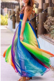 Rainbow Color Casual Daily Patchwork Mesh Spaghetti Strap A Line Dresses
