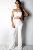 White Fashion Sexy Patchwork Solid Lace Trim Casual Two-piece Pants Set