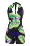 Blue Fashion Sexy Print Backless Halter Regular Romper