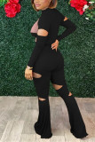 Black Fashion Sexy Patchwork Ripped Hollowed Out O Neck Long Sleeve Two Pieces